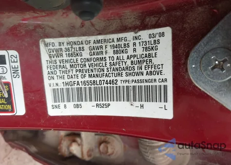 2008 Honda Civic Lx from USA, damaged, VIN 1HGFA16558L074462